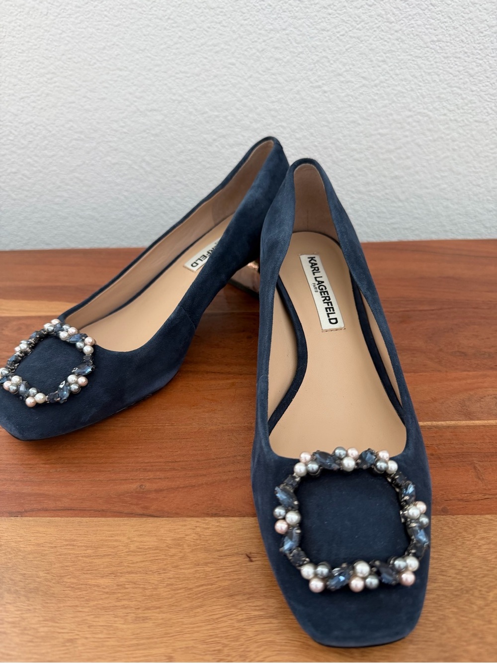 Karl Lagerfeld Paris Hadley Navy Blue Suede Pumps with Jewels Size 8
